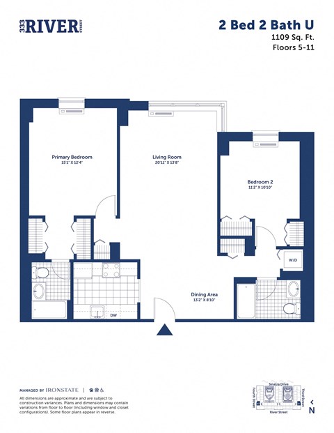 Floor plan for 2 beds, 2 baths, 1109 sqft